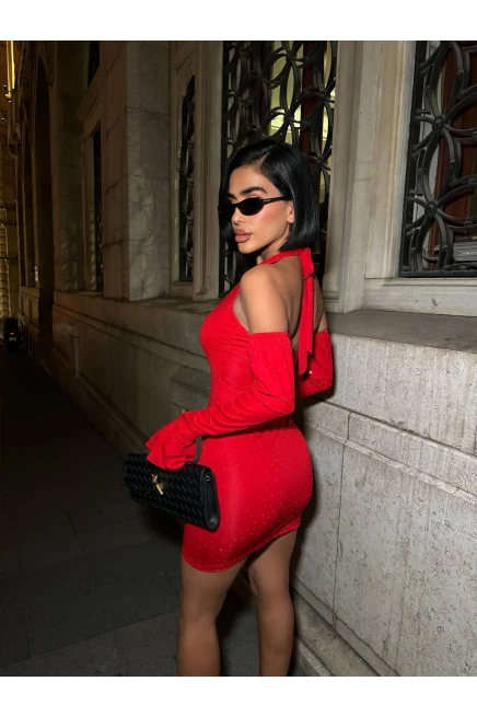 Full Taş Halter Yaka Mini Elbise