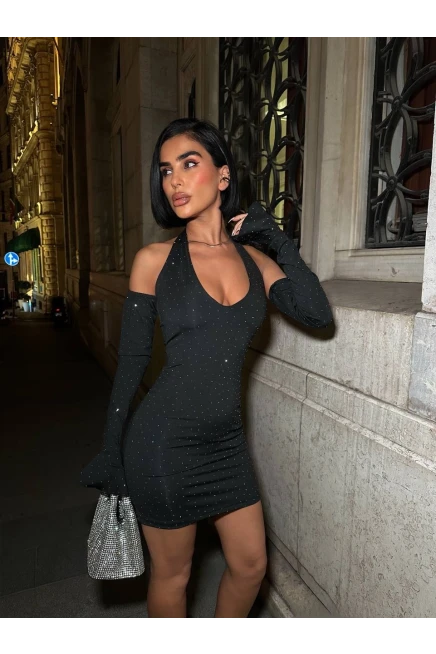 Full Taş Halter Yaka Mini Elbise