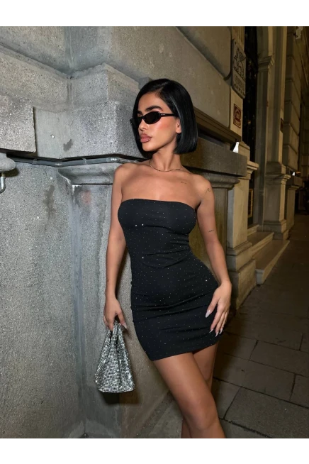 Full Taş Straplez Mini Elbise Siyah