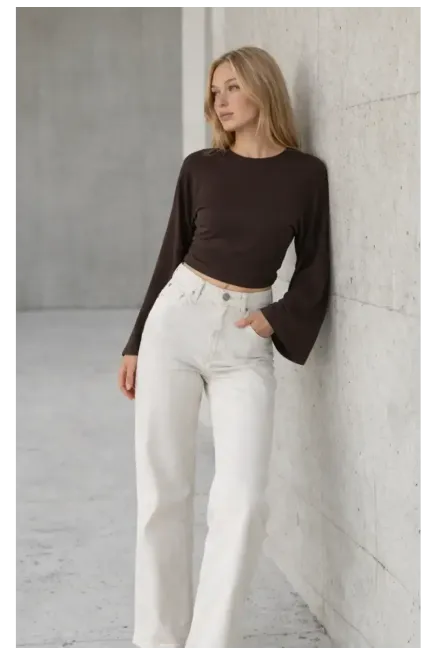 Geniş Kol Crop Bluz Kahve