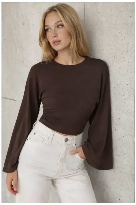 Geniş Kol Crop Bluz Kahve