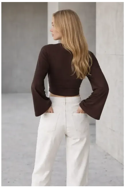 Geniş Kol Crop Bluz Kahve