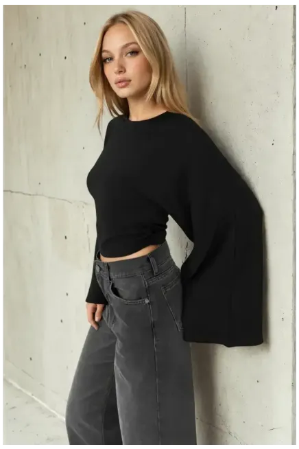 Geniş Kol Crop Bluz Siyah