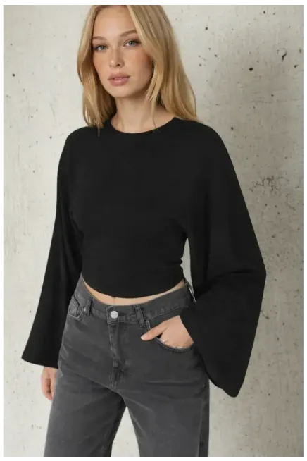 Geniş Kol Crop Bluz Siyah