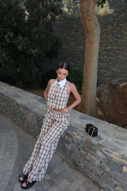 Gömlek Yakalı Ekose Desen Tasarım Yelek ve Pantalon Takım