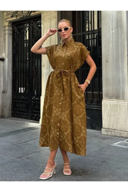 Hardal Desenli Kuşak Detaylı Gömlek Elbise