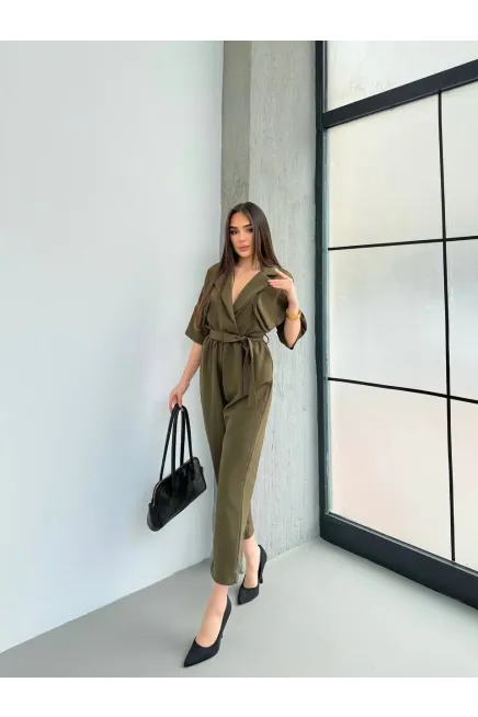 İthal Atlas Kumaş Kruvaze Yaka Tulum Haki