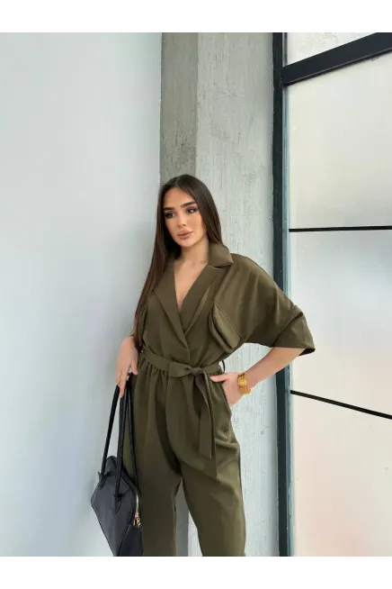 İthal Atlas Kumaş Kruvaze Yaka Tulum Haki