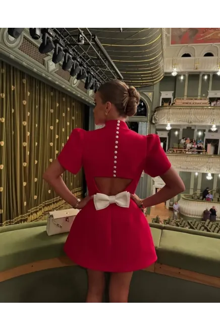 İthal Double Atlas Kumaş Fermuarlı Sırt Detay Mini Elbise Kırmızı