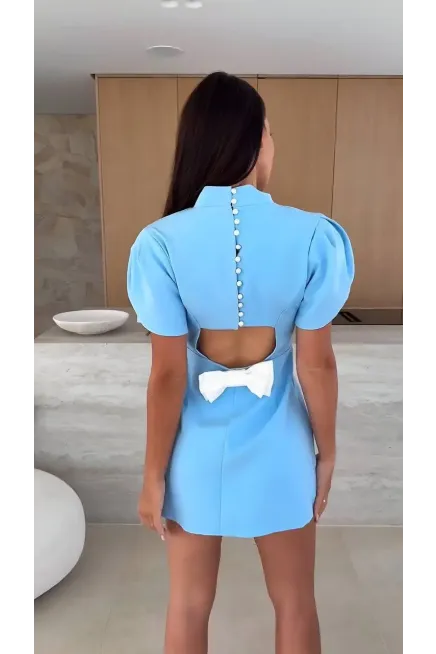 İthal Double Atlas Kumaş Fermuarlı Sırt Detay Mini Elbise Mavi