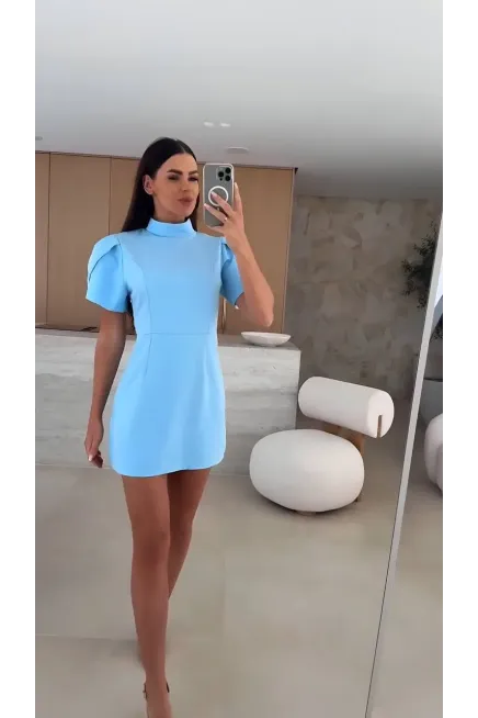 İthal Double Atlas Kumaş Fermuarlı Sırt Detay Mini Elbise Mavi