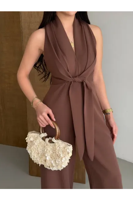 İthal Hürrem Kumaş Bağlama Detay Tulum Kahve