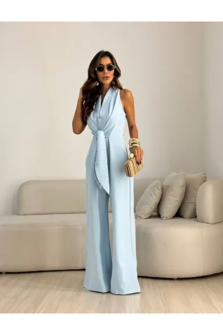 İthal Hürrem Kumaş Bağlama Detay Tulum Mavi