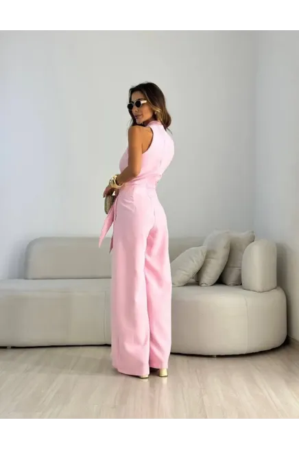 İthal Hürrem Kumaş Bağlama Detay Tulum Pembe