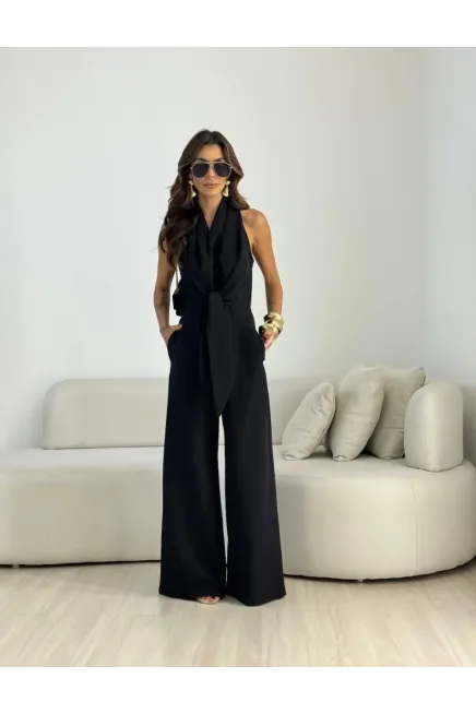 İthal Hürrem Kumaş Bağlama Detay Tulum Siyah