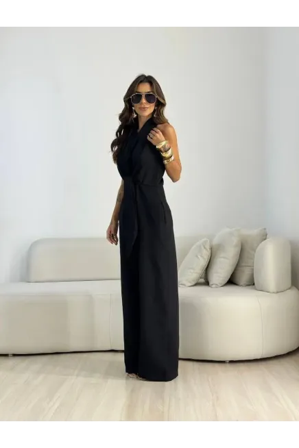 İthal Hürrem Kumaş Bağlama Detay Tulum Siyah