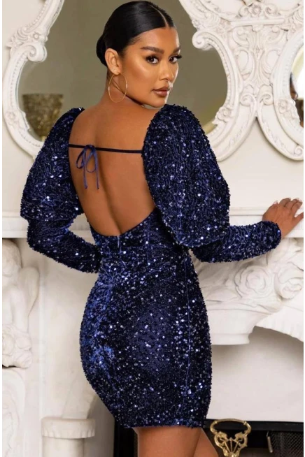 İthal Pulpayet İşlemeli Kadife Mini Elbise