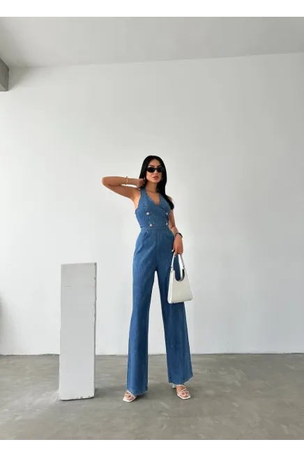 İthal Tensel Denim Tulum Düğme Detay
