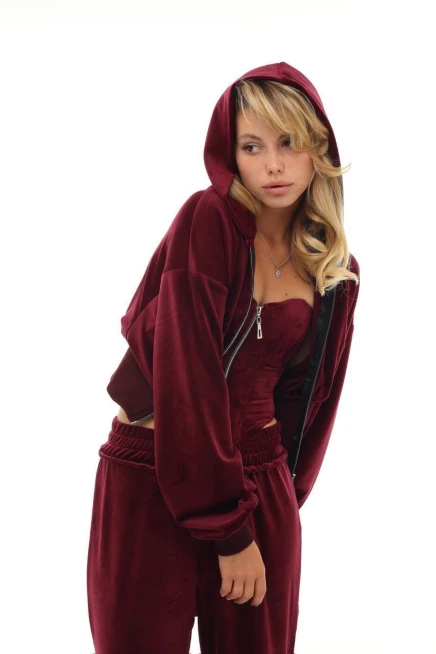 Kadife Kumaş 3lü Eşofman Takımı Bordo