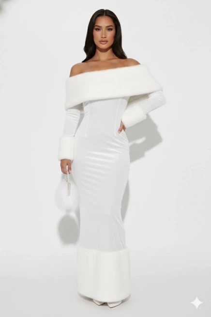 Kadife Kumaş Kürk Detaylı Maxi Elbise Beyaz