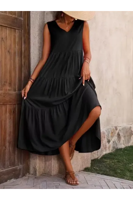 Kadın Askılı V Yakalı Uzun Dokuma Viskon Elbise , 33041