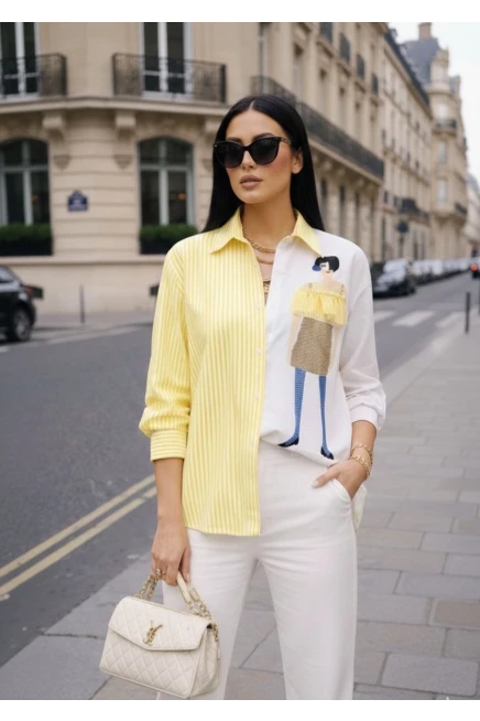 Kadın Baskılı Gömlek Çizgili Bloklu Gömlek Sarı