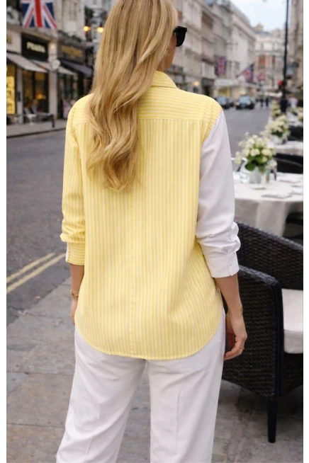 Kadın Baskılı Gömlek Çizgili Bloklu Gömlek Sarı