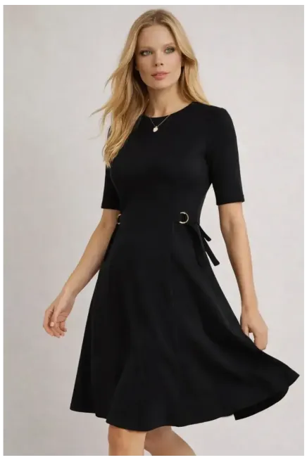 Kadın Bel Toka Detay Modal Kumaş Midiboy Elbise Siyah