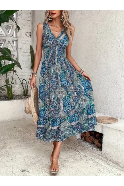 Kadın Beli Gipeli Etnik Desen Sıfır Kol Süprem Elbise, 31184