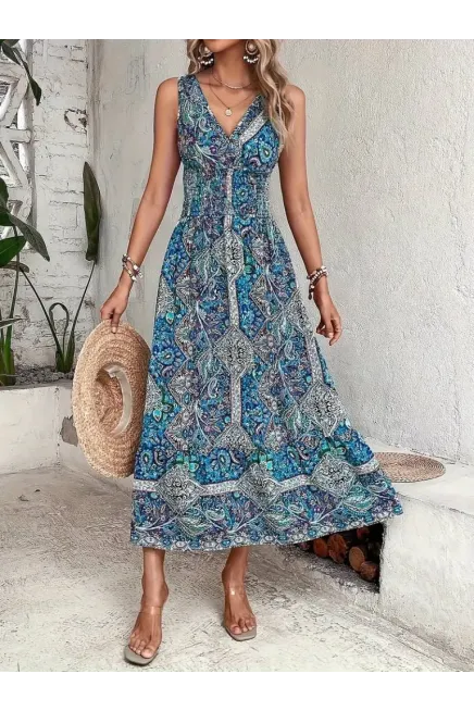 Kadın Beli Gipeli Etnik Desen Sıfır Kol Süprem Elbise, 31184