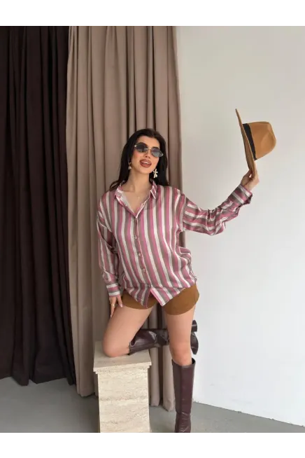 Kadın Çizgili Desenli Saten Gömlek