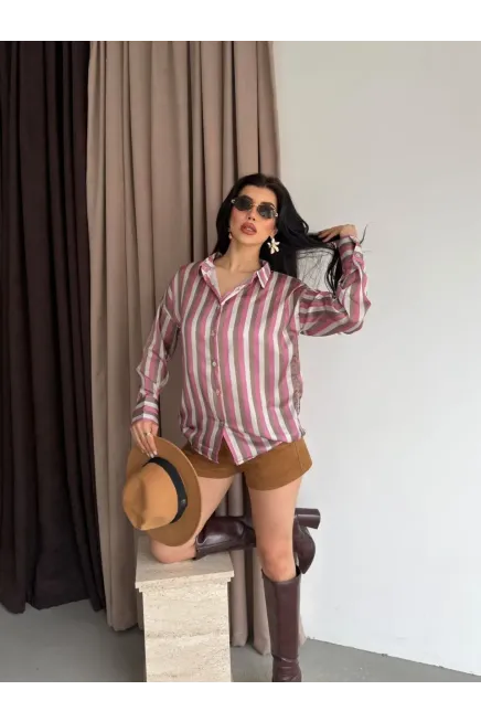 Kadın Çizgili Desenli Saten Gömlek
