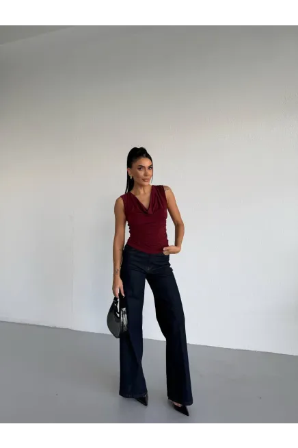 Kadın Degaje Yaka Kolsuz Bluz Bordo