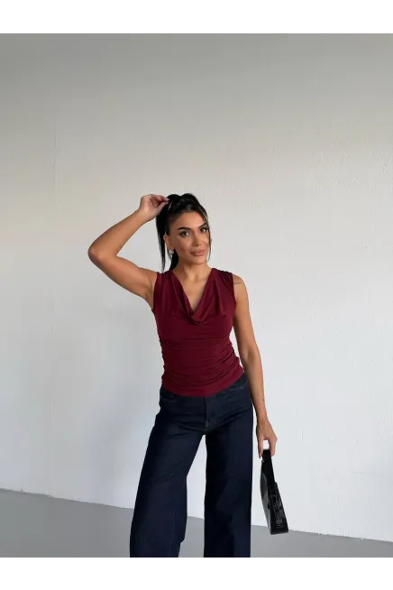 Kadın Degaje Yaka Kolsuz Bluz Bordo