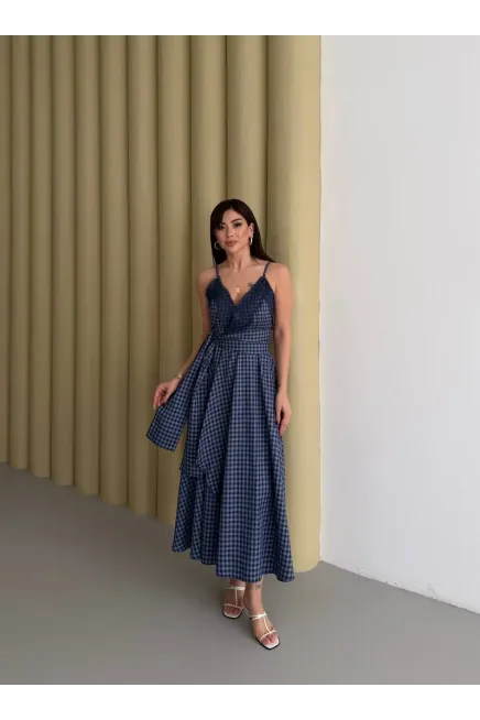 Kadın Ekose Dantelli Sırt Gipeli Elbise Mavi