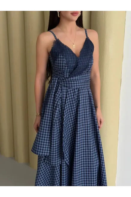 Kadın Ekose Dantelli Sırt Gipeli Elbise Mavi