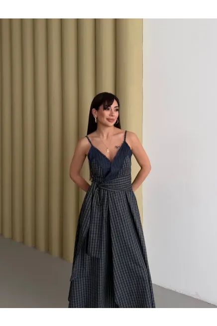 Kadın Ekose Dantelli Sırt Gipeli Elbise Yeşil