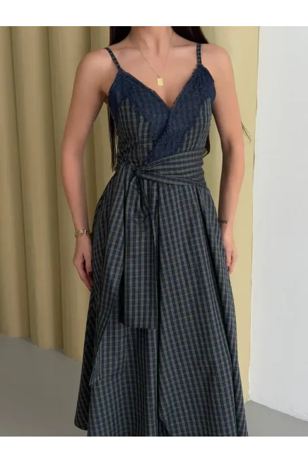 Kadın Ekose Dantelli Sırt Gipeli Elbise Yeşil