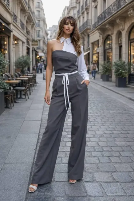 Kadın Gömlek Yaka Detay Takım Gri