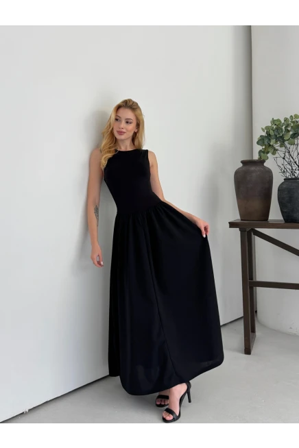 Kadın Kayık Yaka Üstü Esnek Viskon Alt Geniş Poplin Dokuma Kolsuz Siyah Elbise