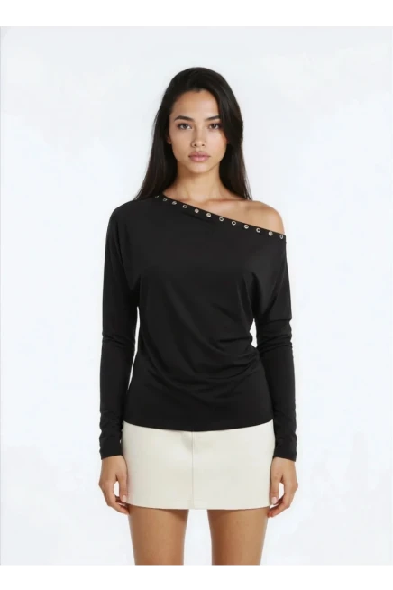 Kadın Kayık Yaka Yarasa Kol Yakası Troklu Lycralı Penye Bluz