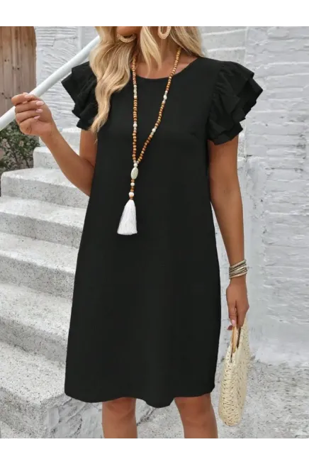 Kadın Kısa Kollu Bisiklet Yaka Fırfırlı Kısa Bürümcük Elbise