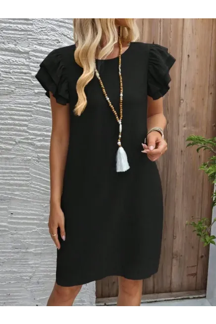 Kadın Kısa Kollu Bisiklet Yaka Fırfırlı Kısa Bürümcük Elbise
