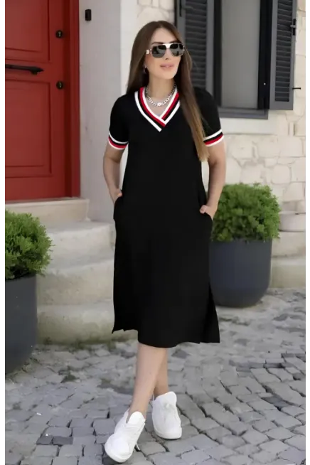 Kadın Kısa Kollu V Yaka Ribana Detay Midiboy Viskon Elbise, 24397