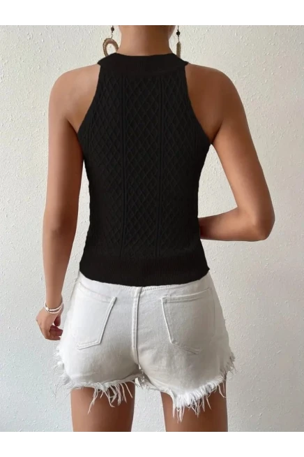 Kolsuz Halter Yaka Mini Baklava Desenli Triko Bluz