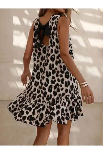 Kadın Kolsuz Sırttan Bağlamalı Fırfırlı Leopar Desenli Süprem Elbise , 31246