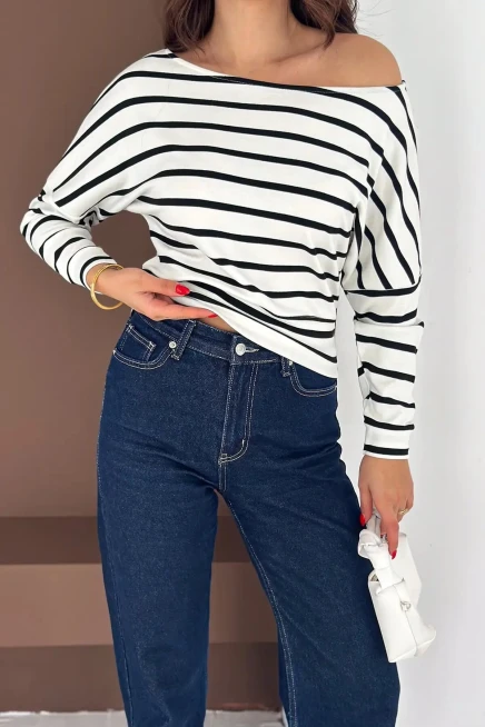 Kadın Omuz Açık Çizgili Bluz