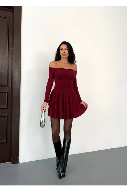 Kadın Omuz Detay Mini Elbise Bordo