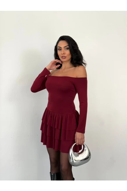 Kadın Omuz Detay Mini Elbise Bordo