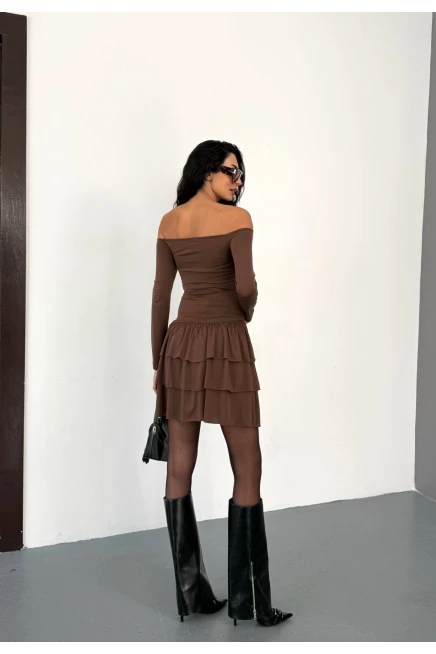 Kadın Omuz Detay Mini Elbise Kahve
